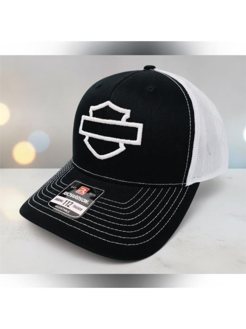 Harley Bar Shield Outline Embroidered Black White Richardson 112 Hat Cap Biker